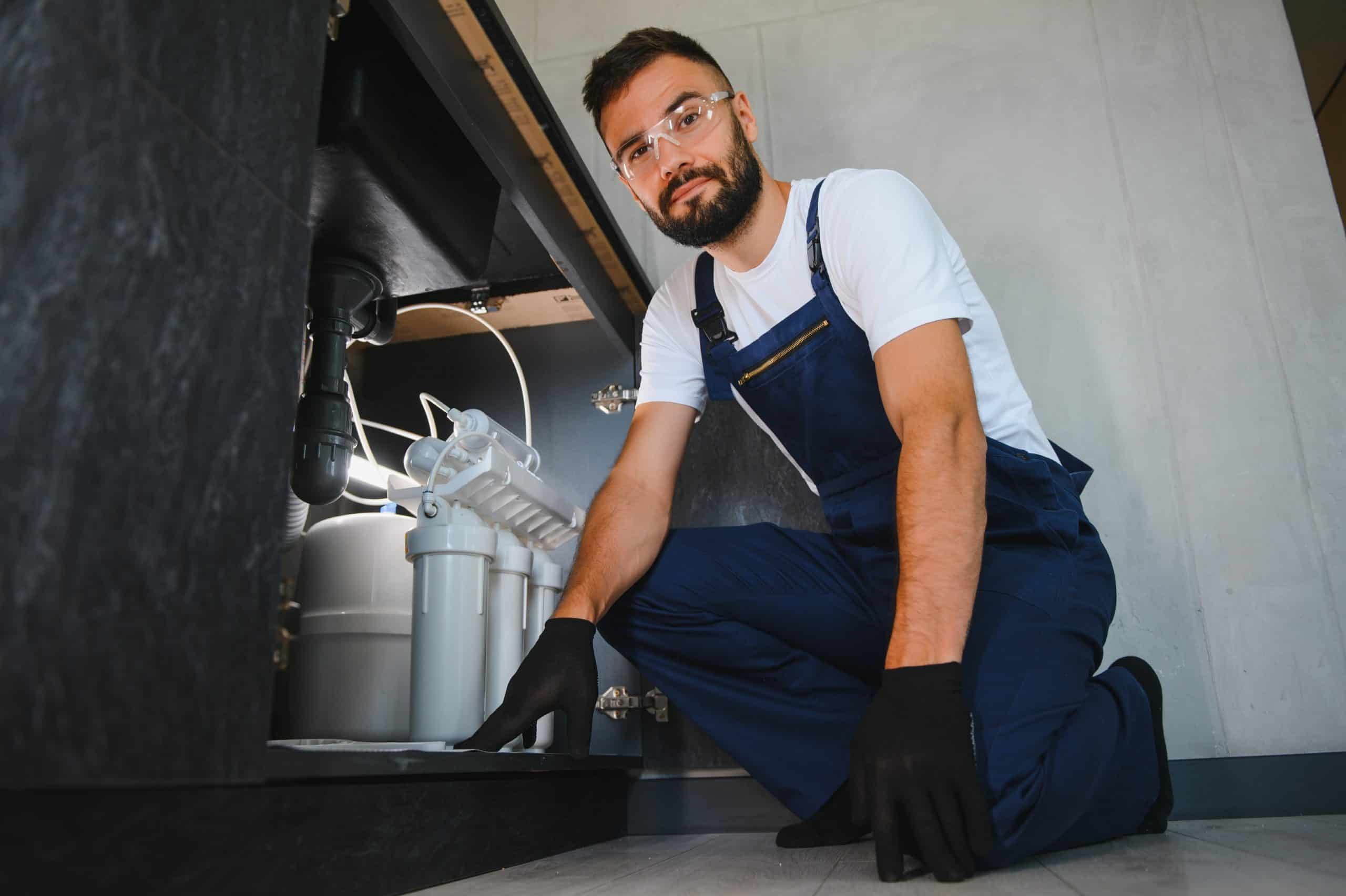 A man in blue overalls and protective glasses is kneeling under a kitchen sink, examining the plumbing while wearing black gloves. The stylish kitchen features dark cabinets and a modern design, showcasing the expertise of the best Chicago plumbing company.