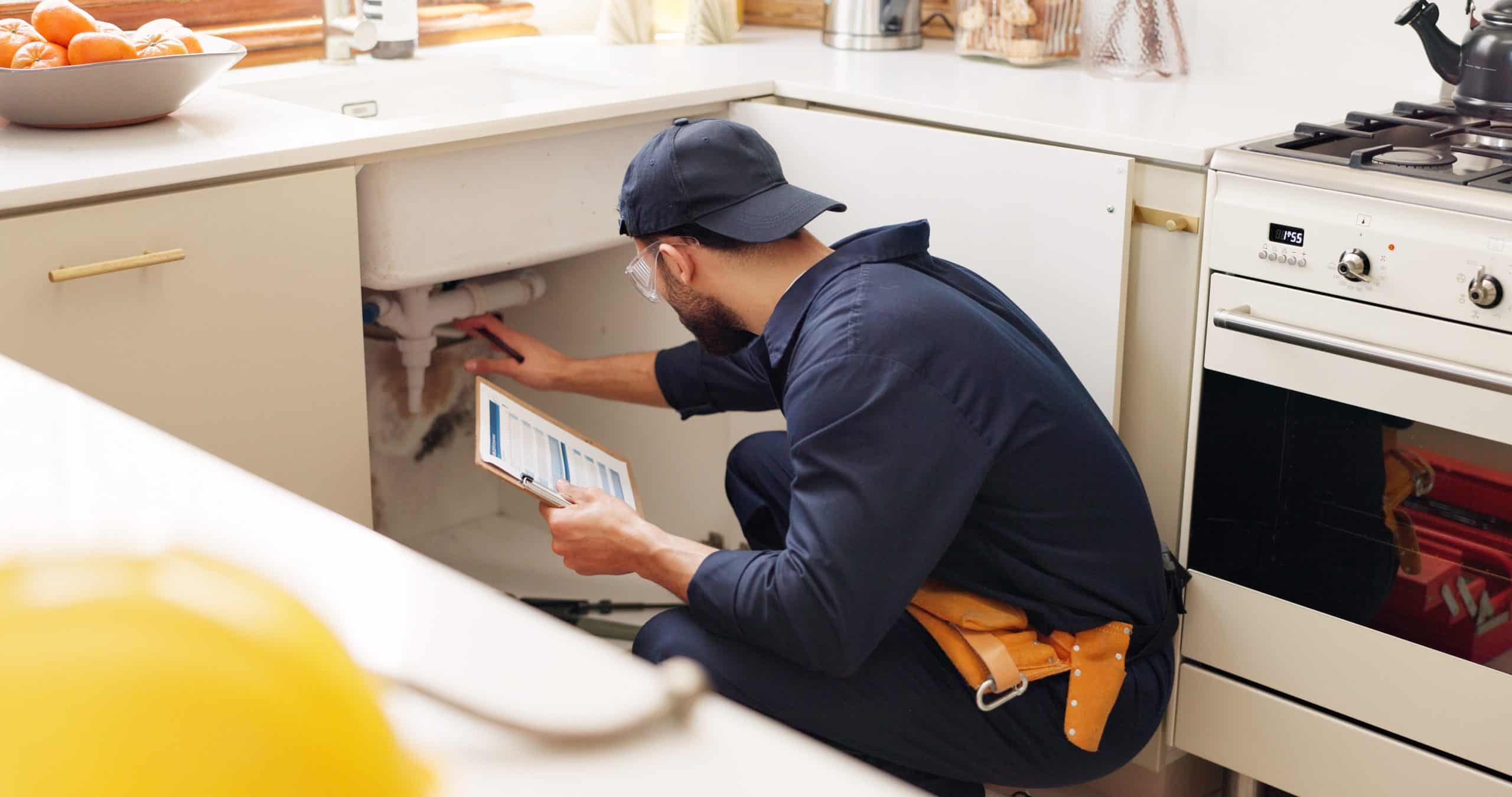 A plumber in a navy uniform and cap is inspecting pipes under a kitchen sink. He holds a tablet in one hand and is using a flashlight with the other. A tool belt is visible, and the kitchen counter has some oranges in a bowl.