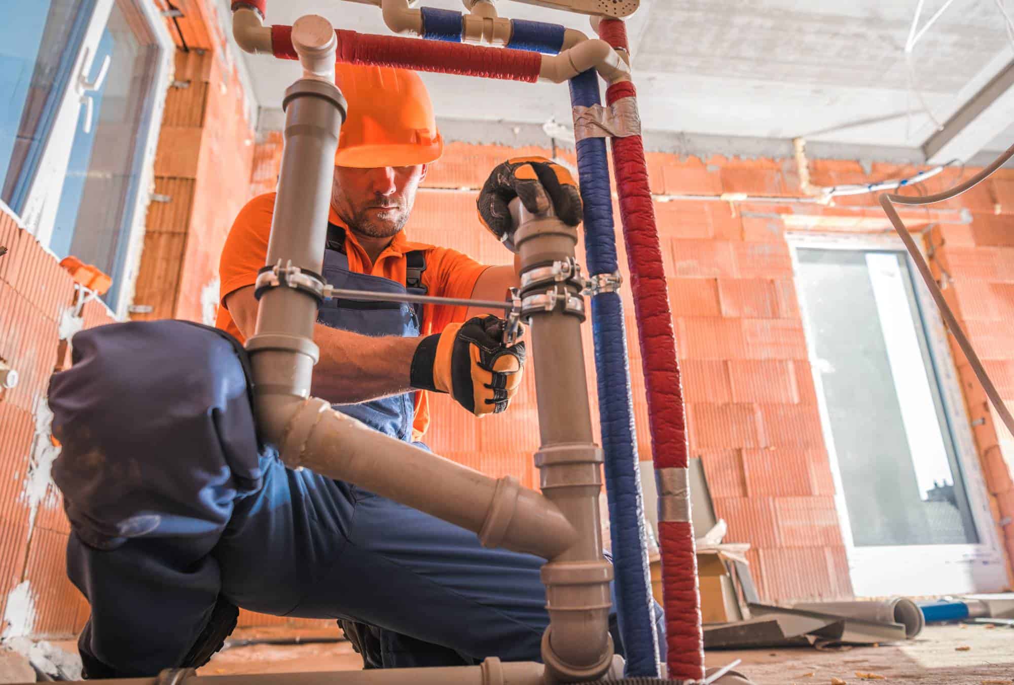 A construction worker wearing an orange hard hat and reflective vest, standing on a job site in Cook County, Illinois, with machinery and scaffolding in the background
