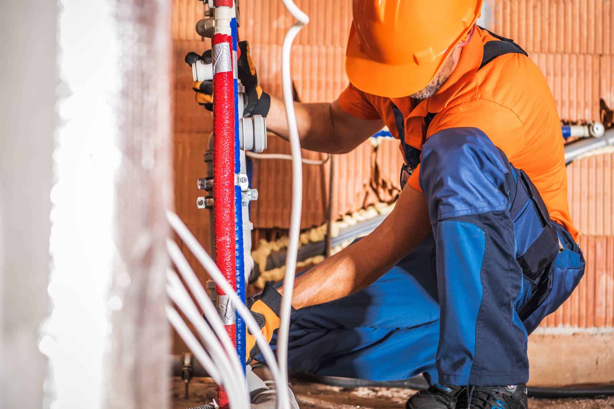 A construction worker wearing an orange hard hat and gloves is kneeling, adjusting plumbing pipes in a building under construction. The worker is using tools to work on red and blue pipes against an unfinished brick wall.