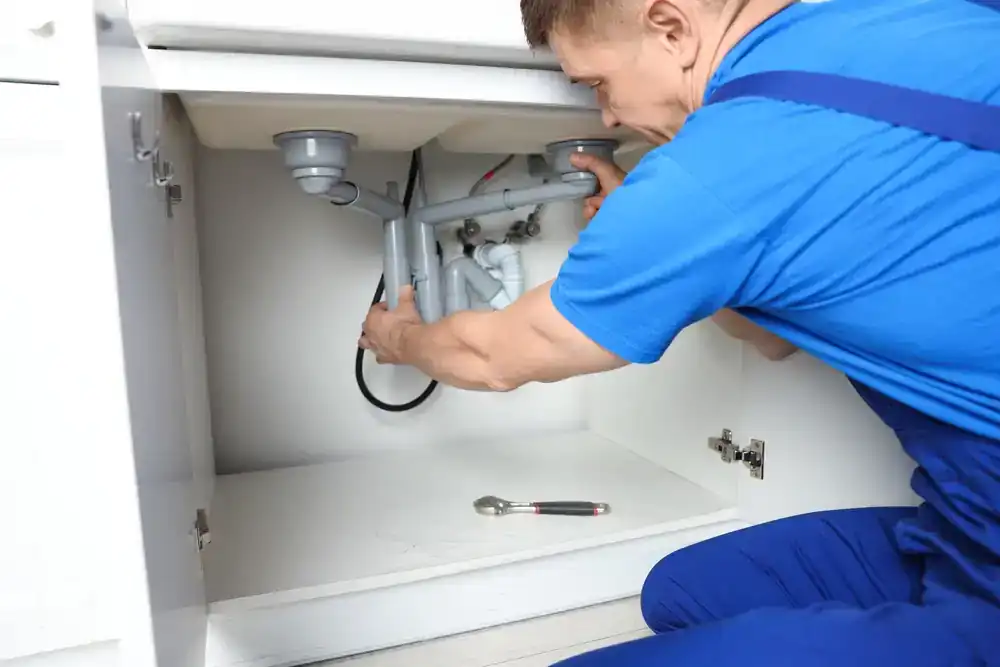 Plumber repairing a kitchen sink in a Cook County, Illinois home, using professional tools and wearing work gloves, focused on fixing a leaking pipe beneath the countertop