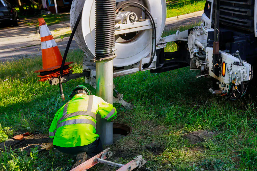 Worker from All Rooter Hydro Jetting expertly cleaning outdoor drains in Cook County, Illinois, using professional tools to ensure safe and efficient removal of clogs and debris