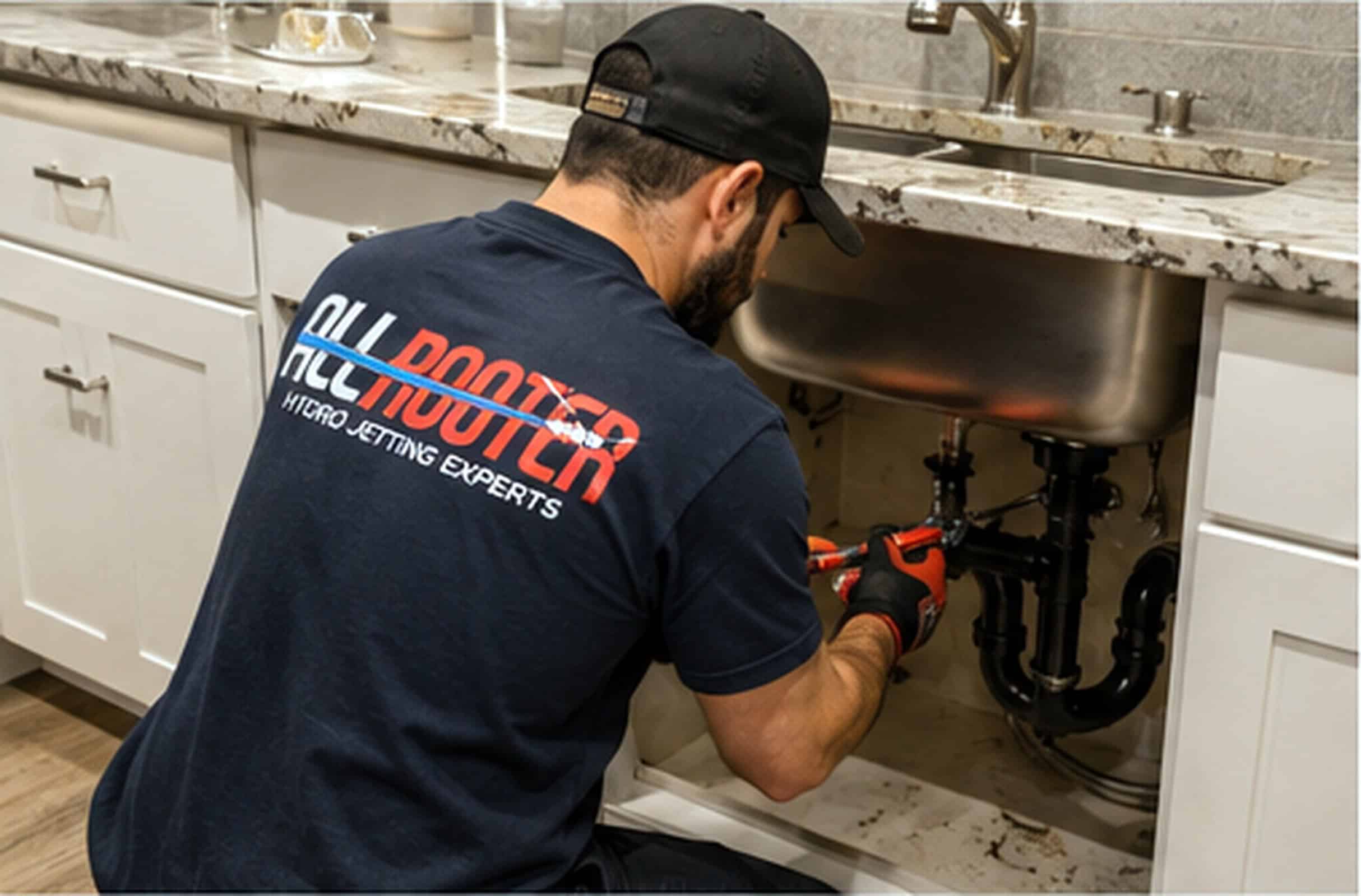 Plumber wearing gloves and an “ALL ROOTER” shirt fixes kitchen sink pipes for plumbing repair.