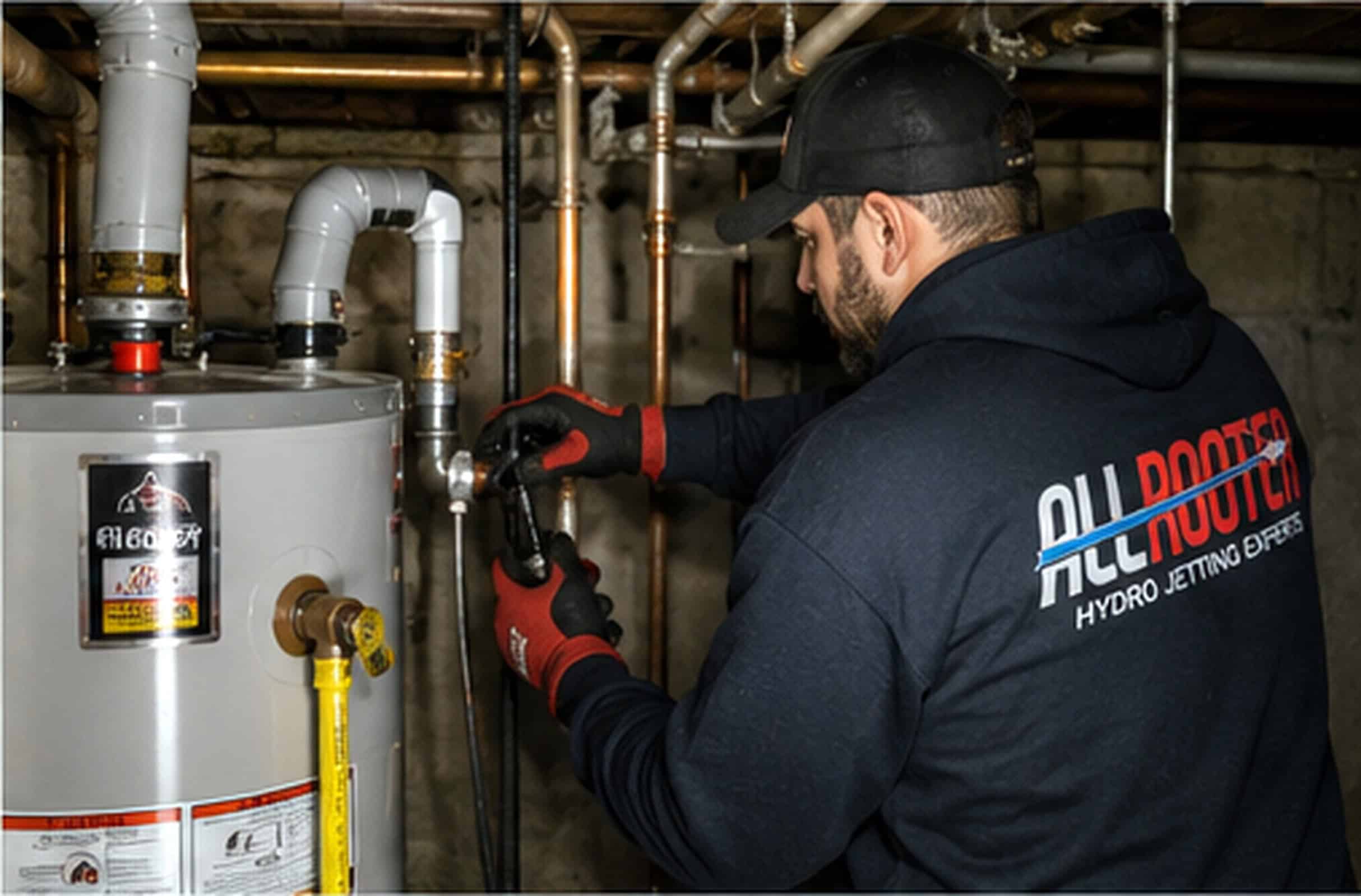 A plumber in gloves repairs a water heater in a basement, wearing a dark All Rooter sweatshirt.