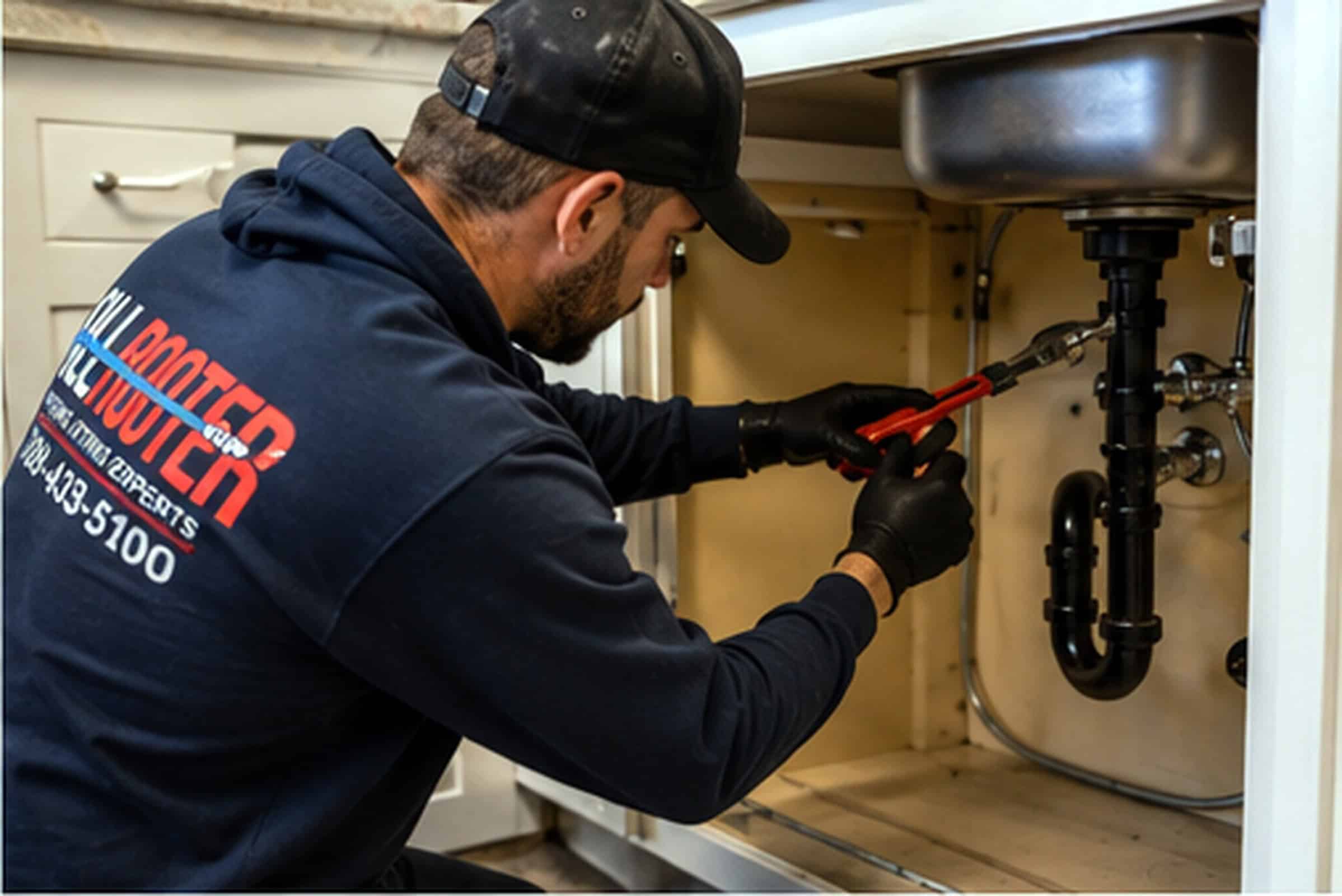 A plumber in gloves and a navy hoodie repairs kitchen sink pipes with a wrench, wearing a cap.