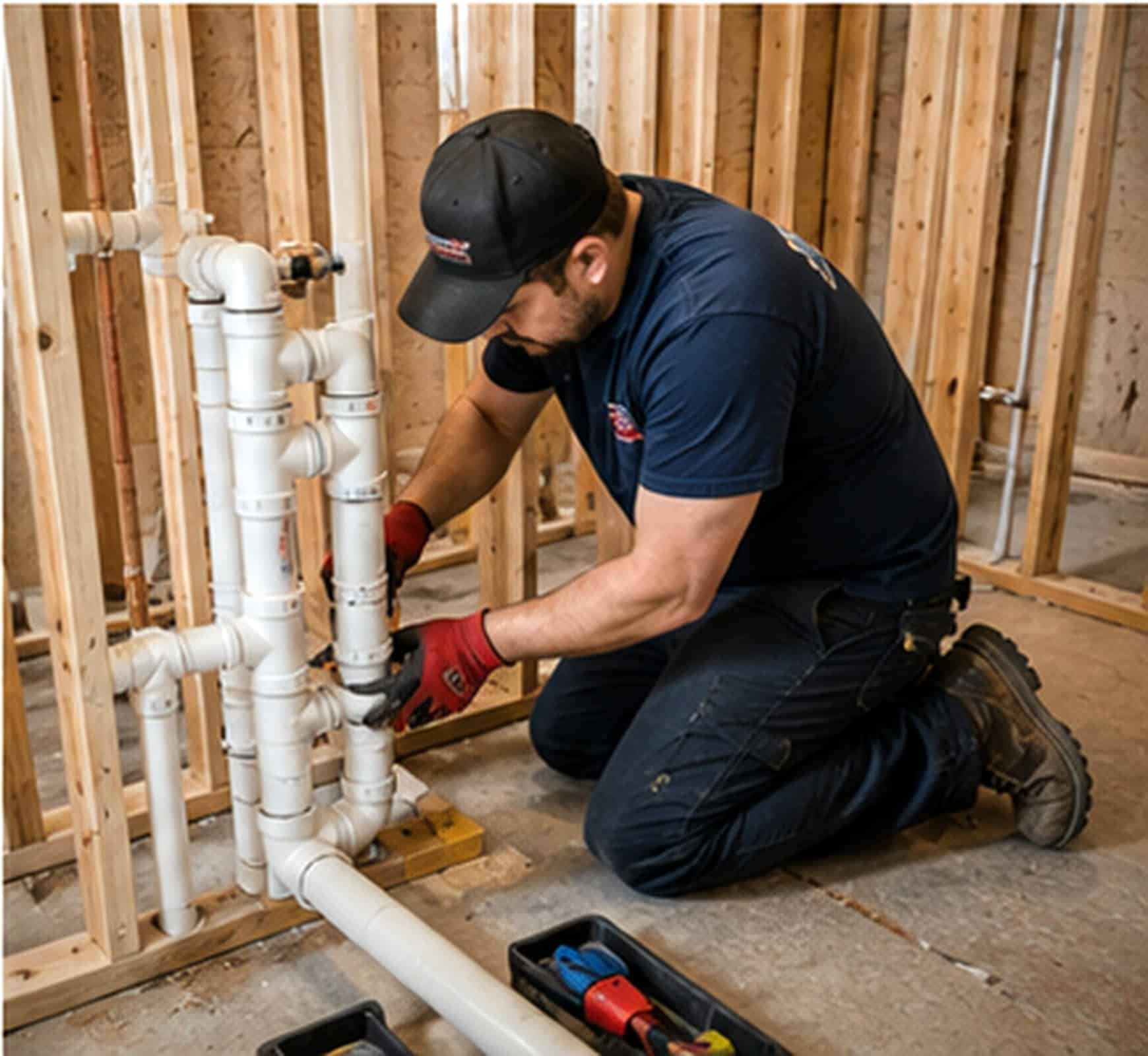 Plumber in gloves kneels inside a building under construction, installing white PVC pipes efficiently.