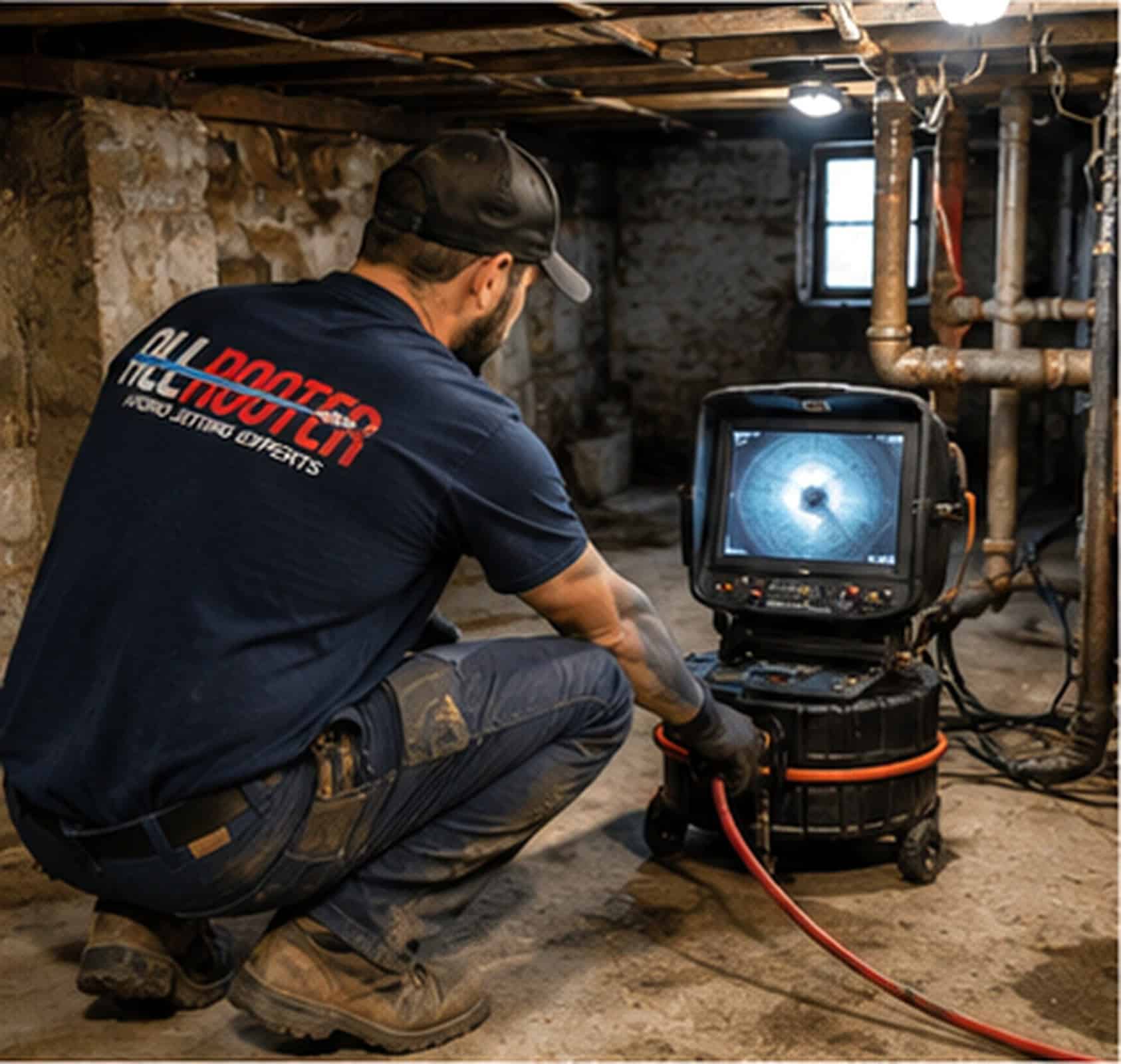 A worker in a blue “All Rooter” shirt uses a drain camera to inspect basement pipes for plumbing issues.