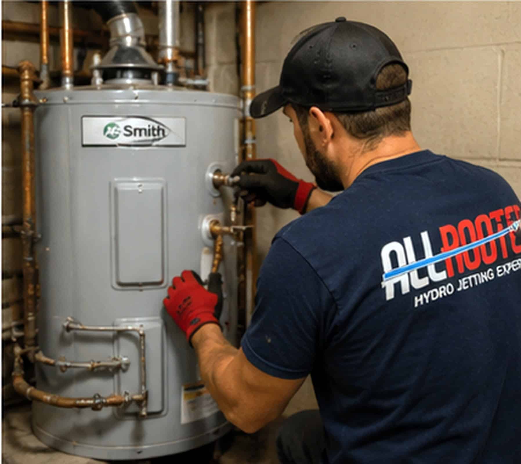 A plumber in gloves adjusts water heater valves in a utility room, wearing an “All Rooter” shirt.