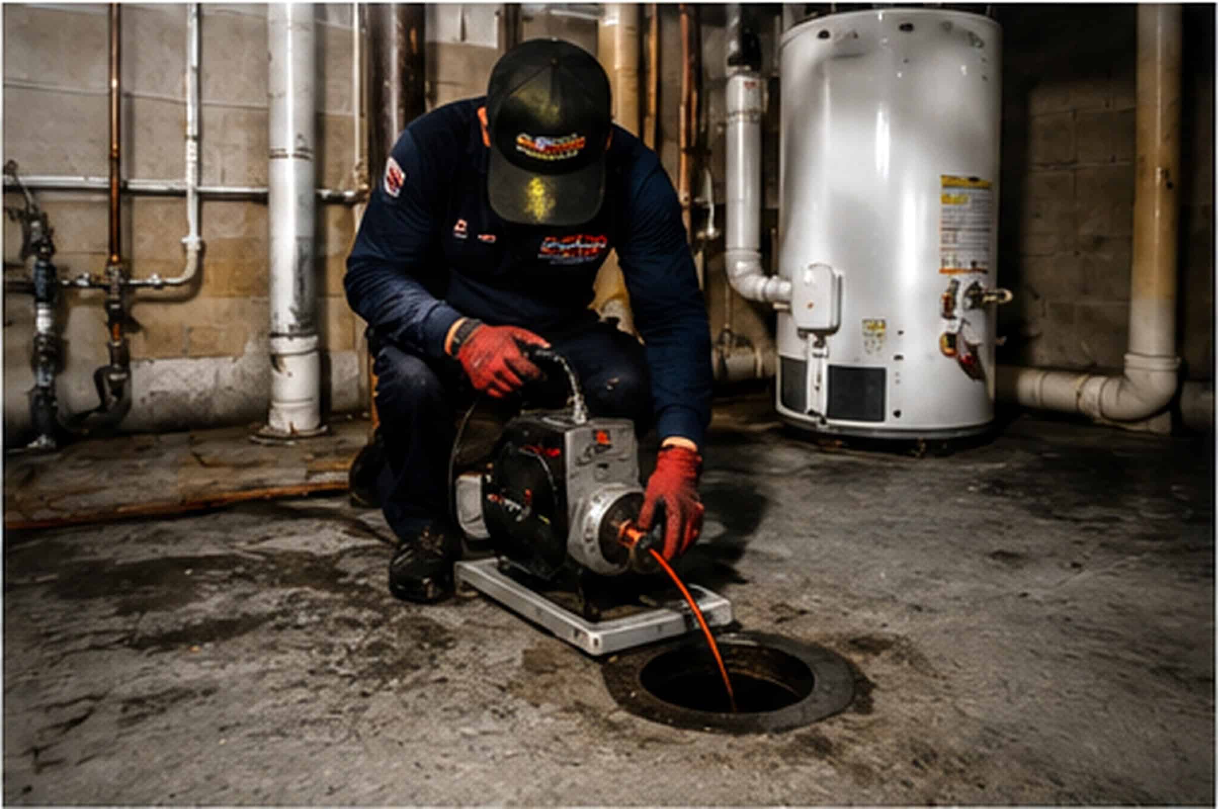 Plumber uses a drain cleaning machine on a basement floor beside water heater and visible pipes.