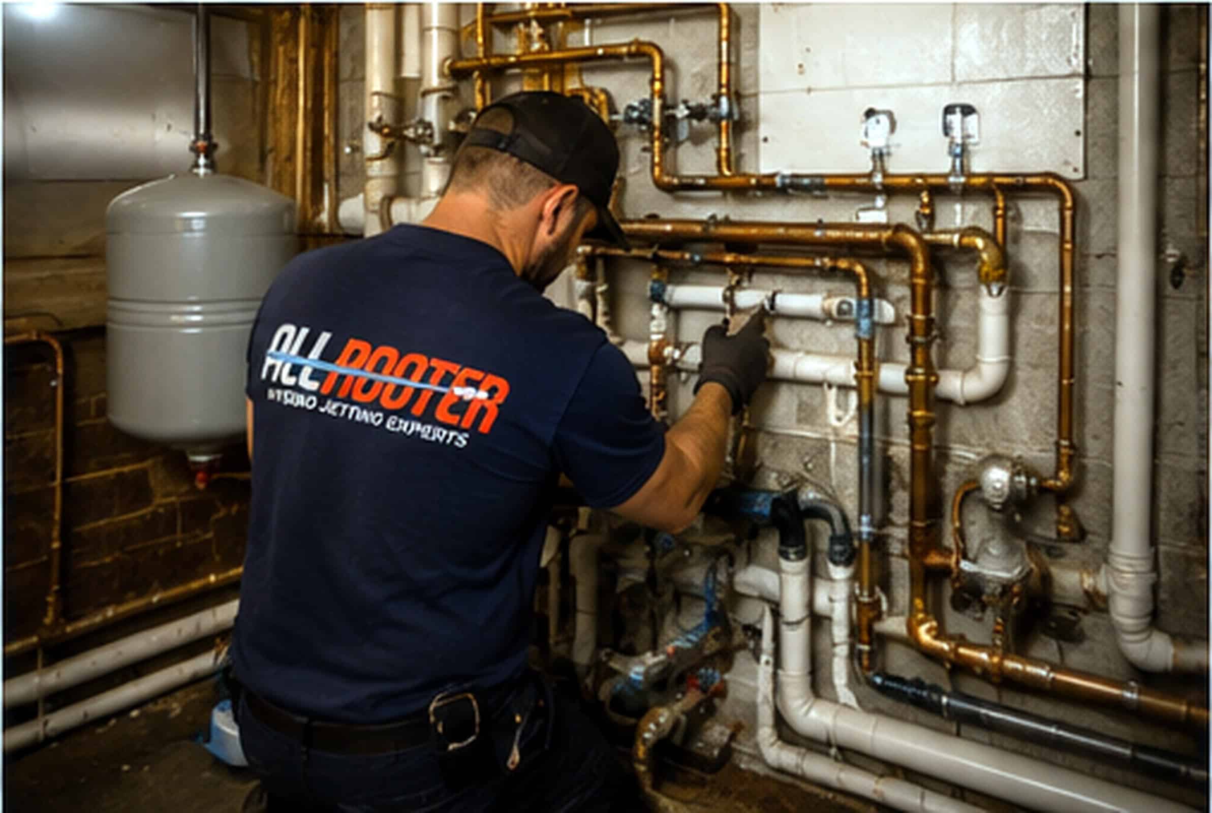 A plumber in a blue shirt repairs complex copper and PVC pipes in a utility room with water tank.