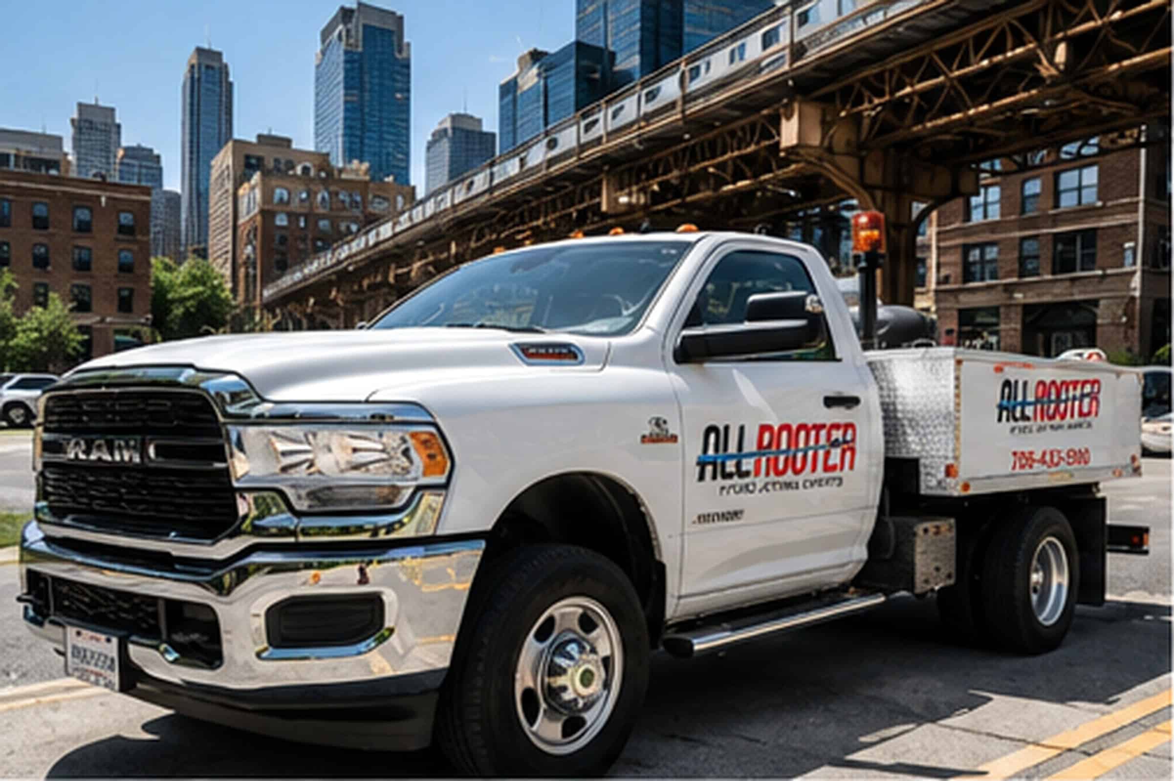 White All Rooter utility truck parked on a city street, tall buildings and train track overhead.
