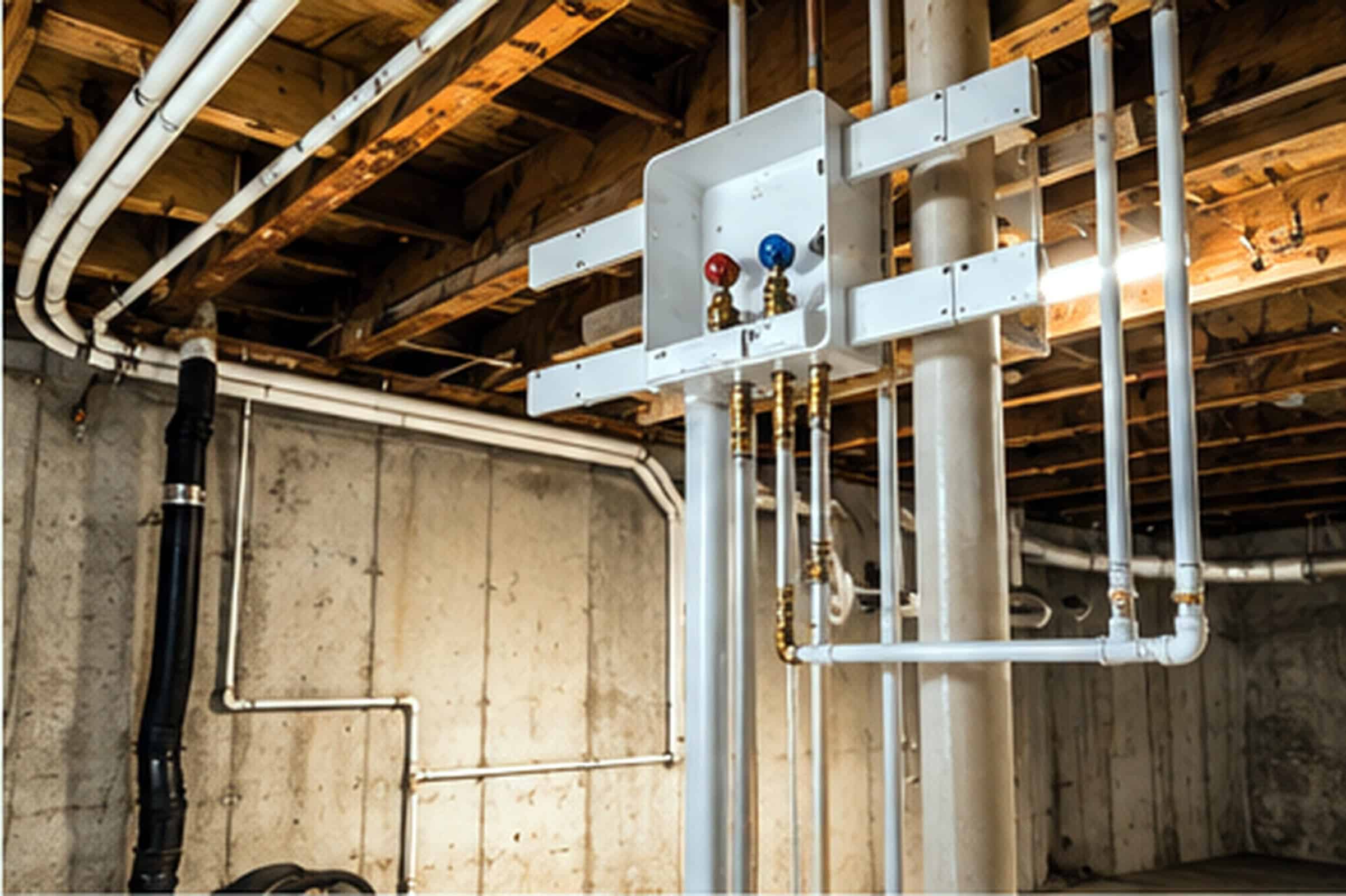 Exposed pipes and valves run along concrete basement walls beneath wooden ceiling beams in an unfinished space.