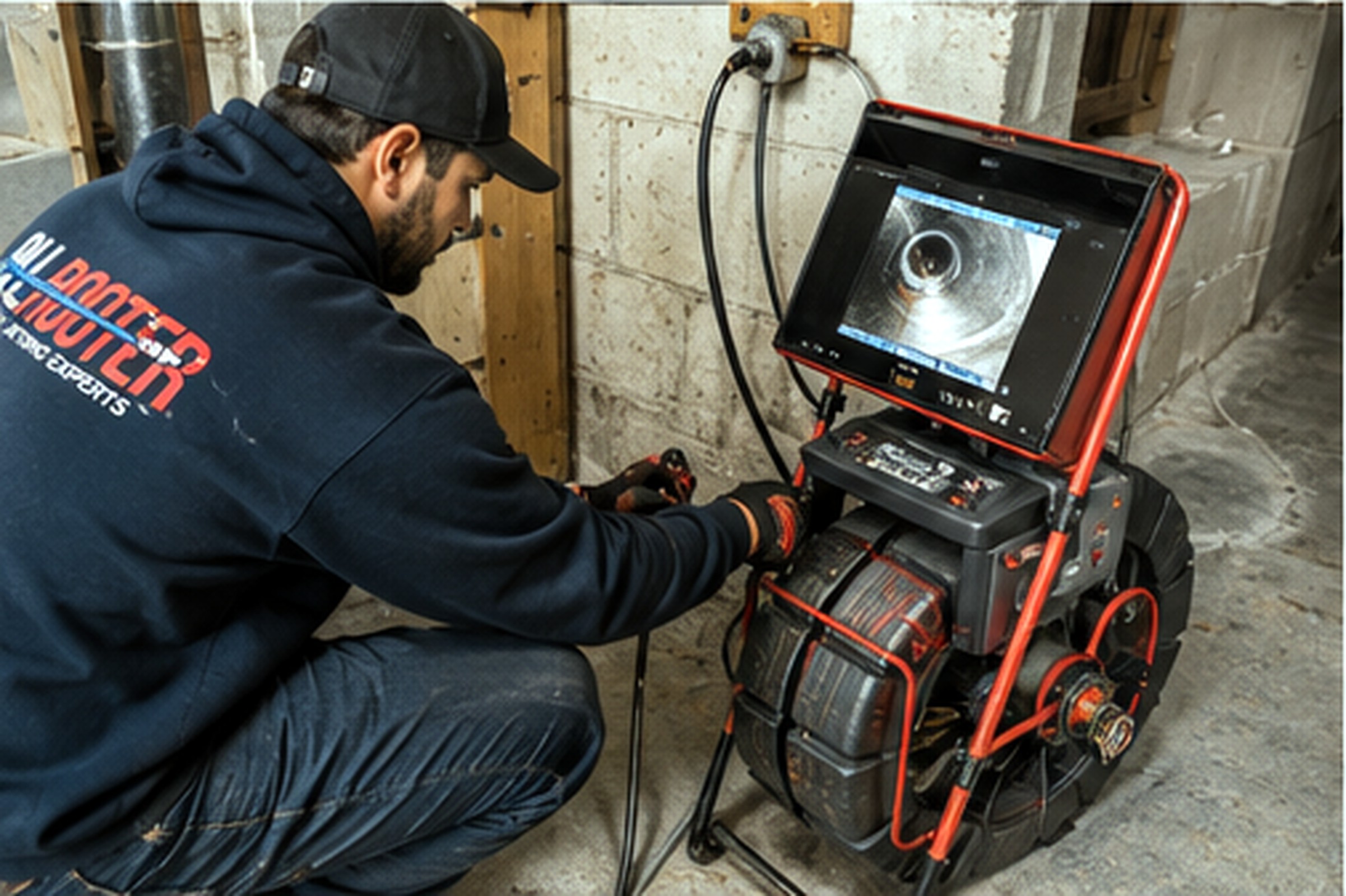 A person operates a pipe inspection camera system indoors, viewing the drain’s interior on a screen.