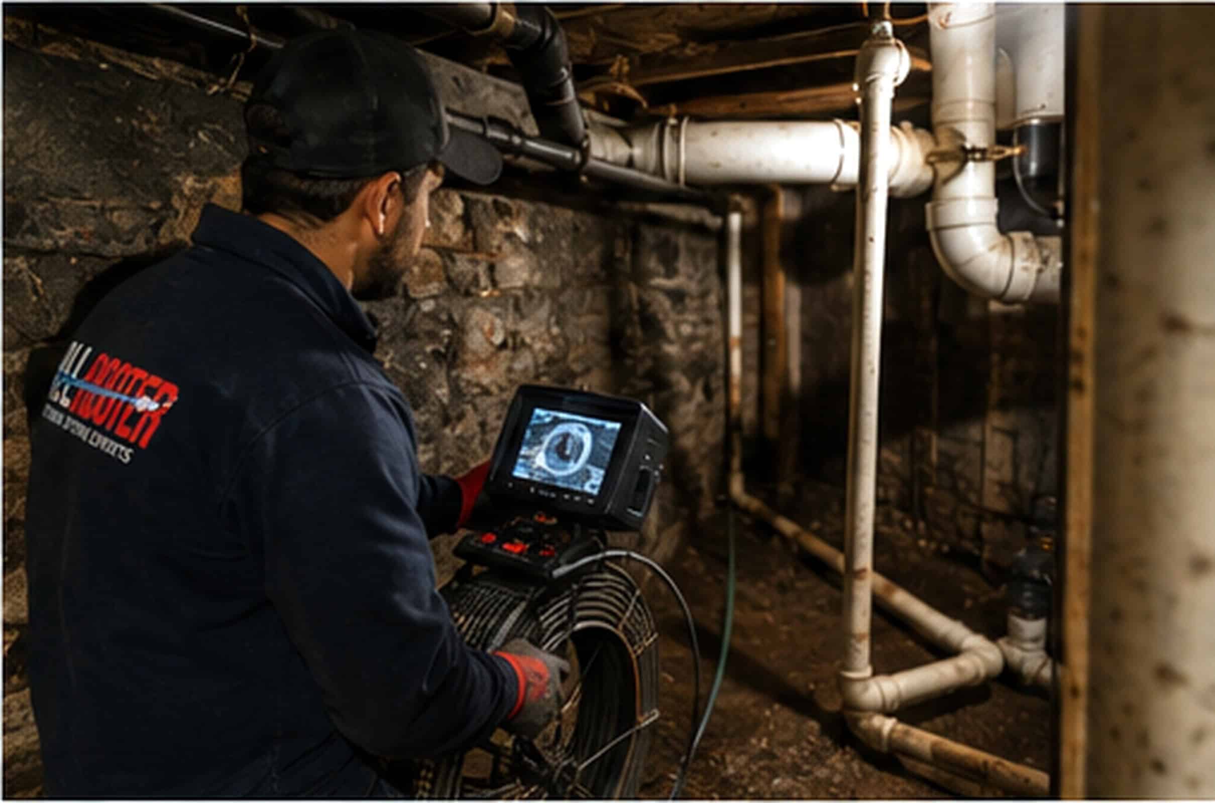 A worker inspects basement pipes with a camera and monitor to assess plumbing condition and detect issues.