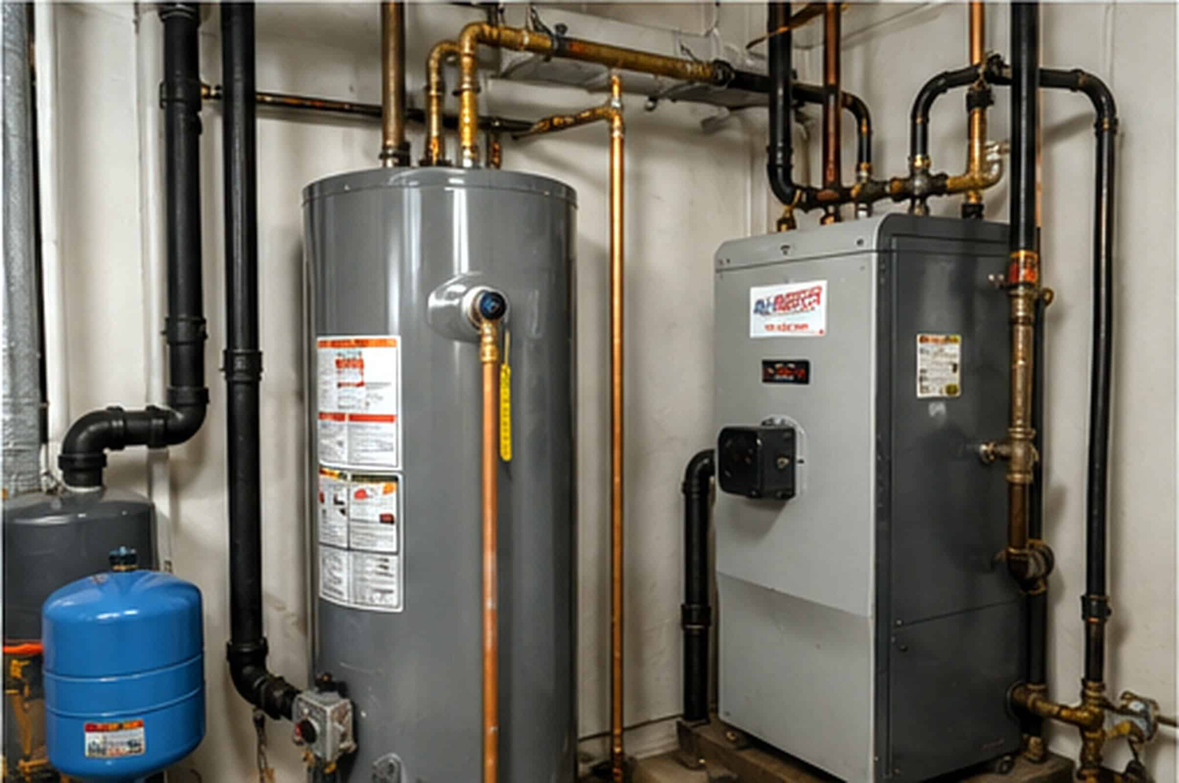 A utility room with a hot water heater, boiler, pipes, and a small blue tank against white walls.