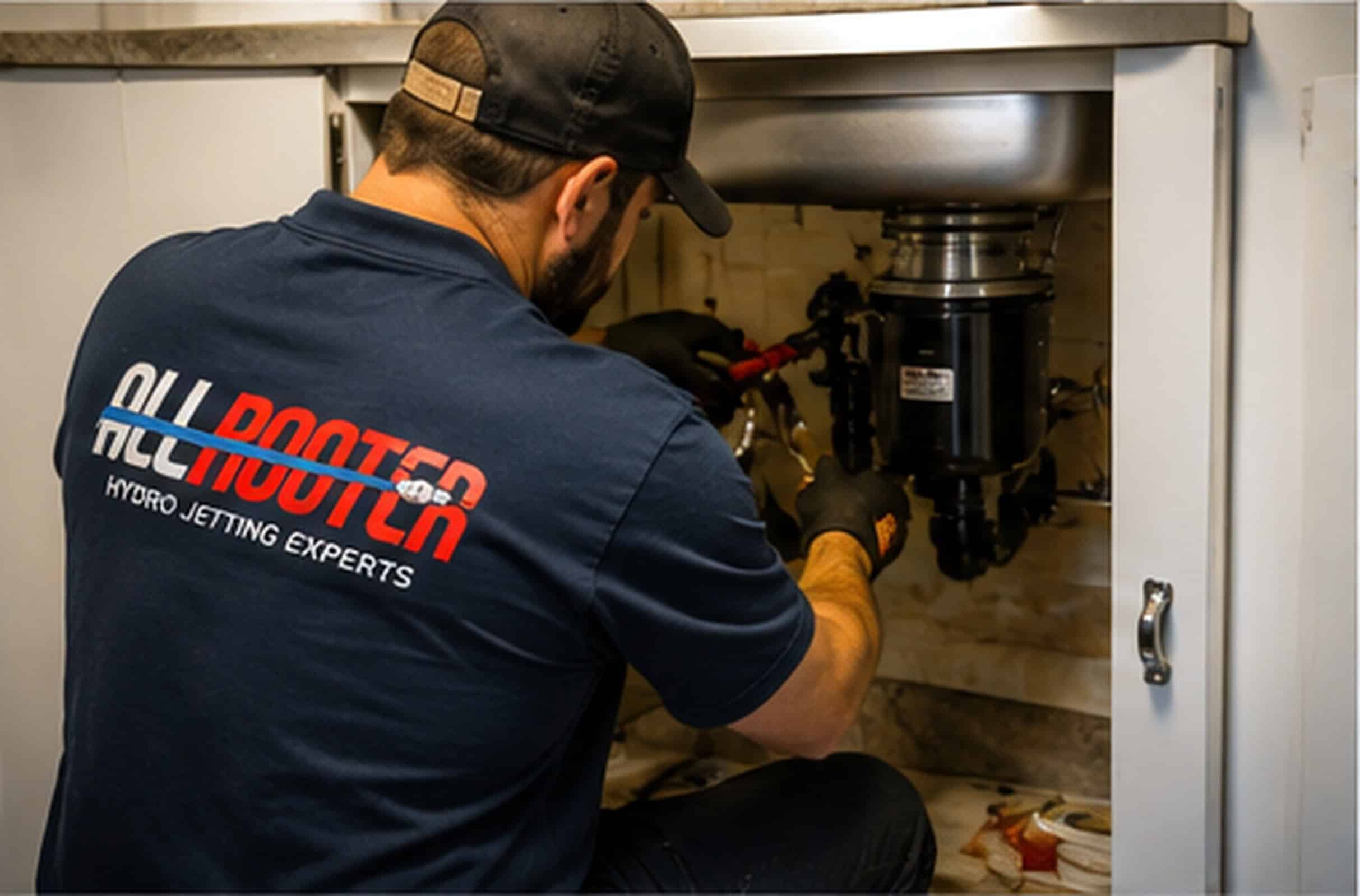 A plumber wearing a cap and gloves fixes pipes beneath a kitchen sink, “All Rooter” on his shirt.