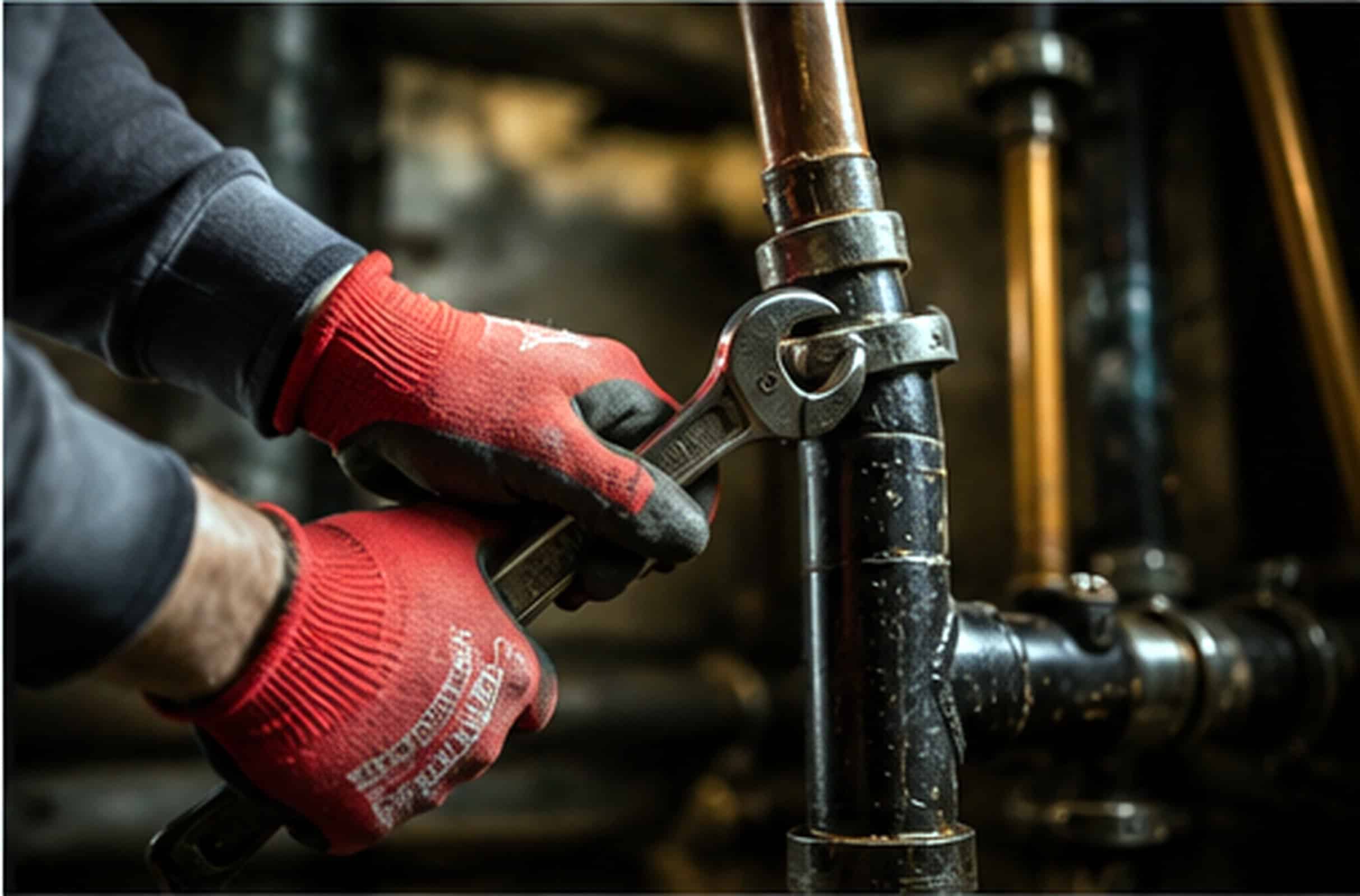 In a dimly lit industrial setting, a person wearing red gloves uses a wrench to tighten a pipe fitting.