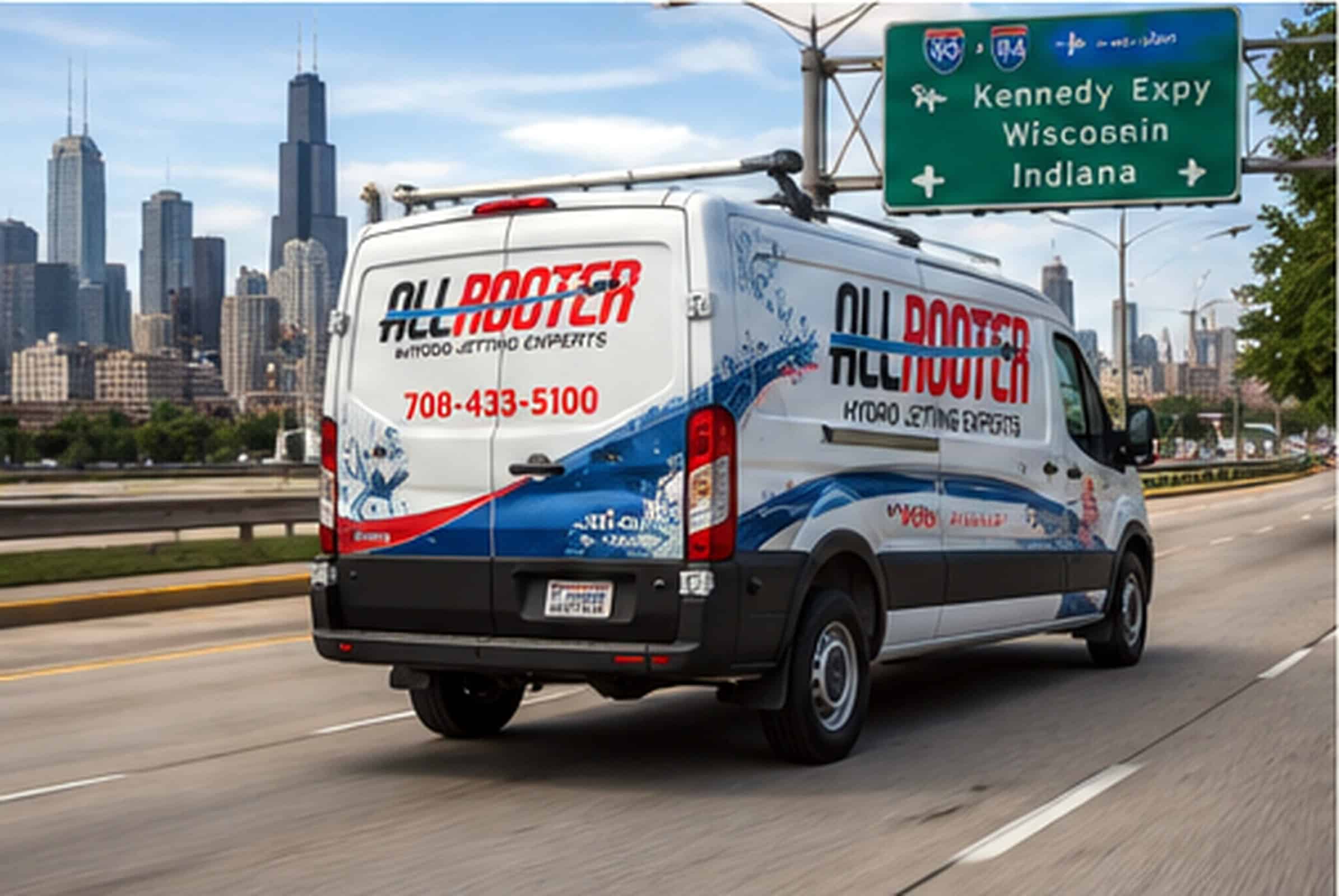 A plumber’s van drives on a Chicago highway near a green Kennedy Expressway sign, traffic visible ahead.