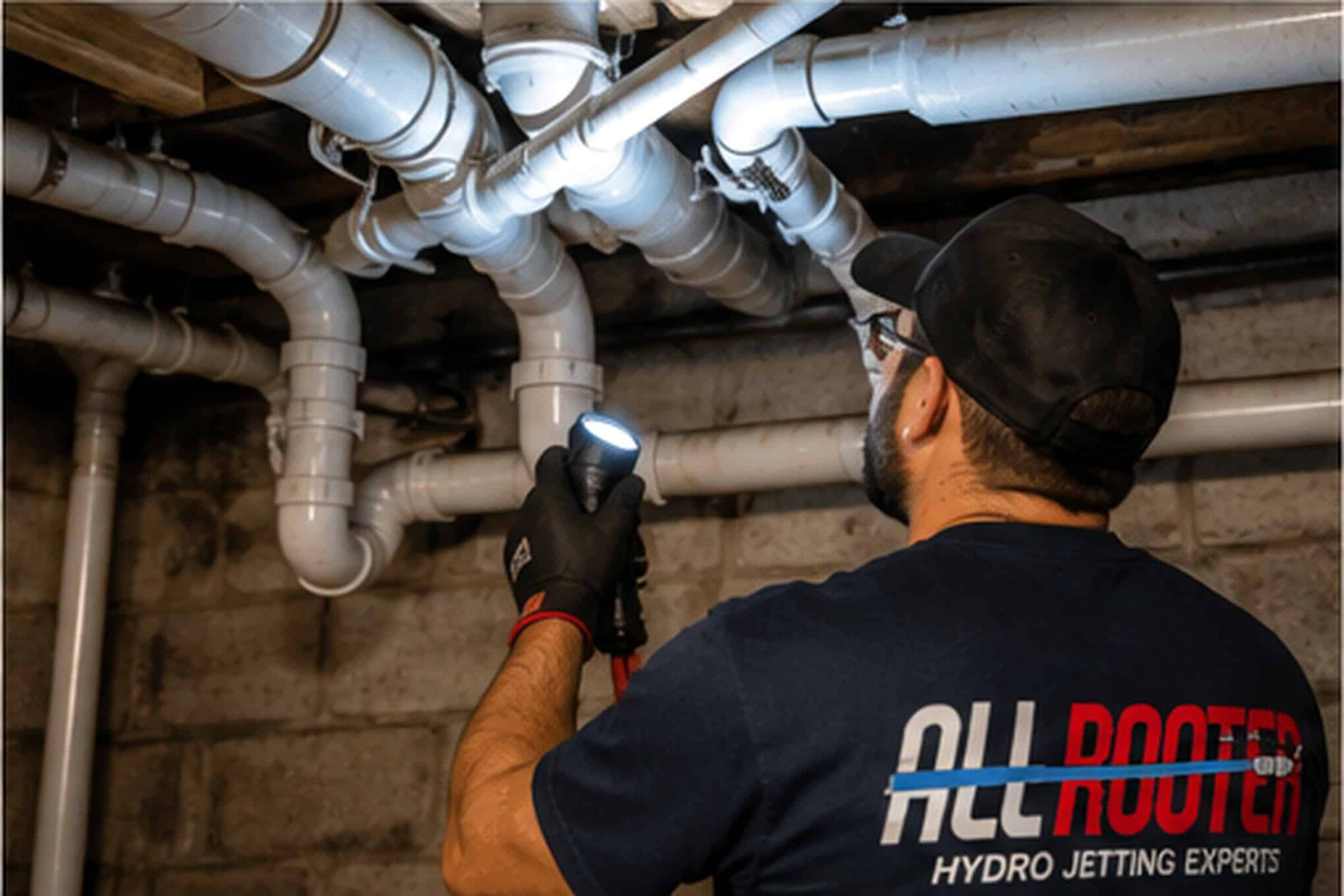 An “All Rooter” worker inspects basement pipes with a flashlight, wearing gloves and branded gear.