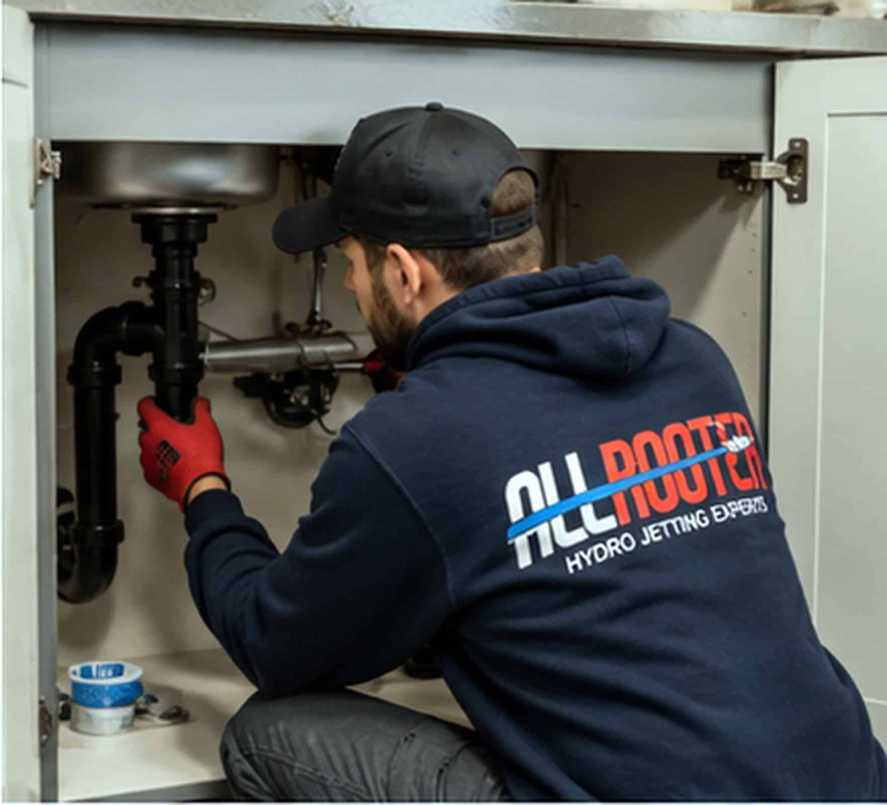 A plumber in a navy hoodie fixes pipes under a sink using tools and gloves, ensuring proper plumbing.