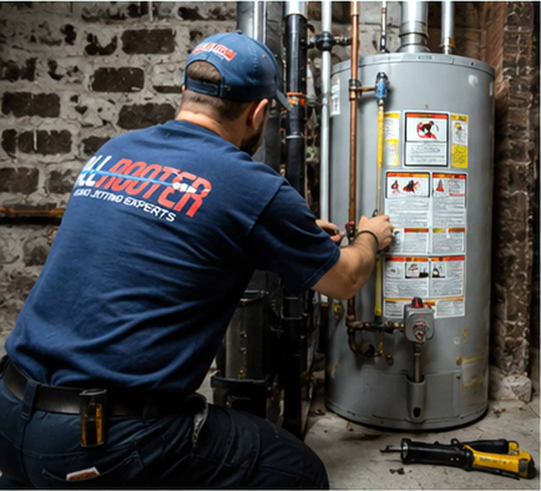 A plumber in blue uniform repairs a basement water heater with tools and instructions nearby.