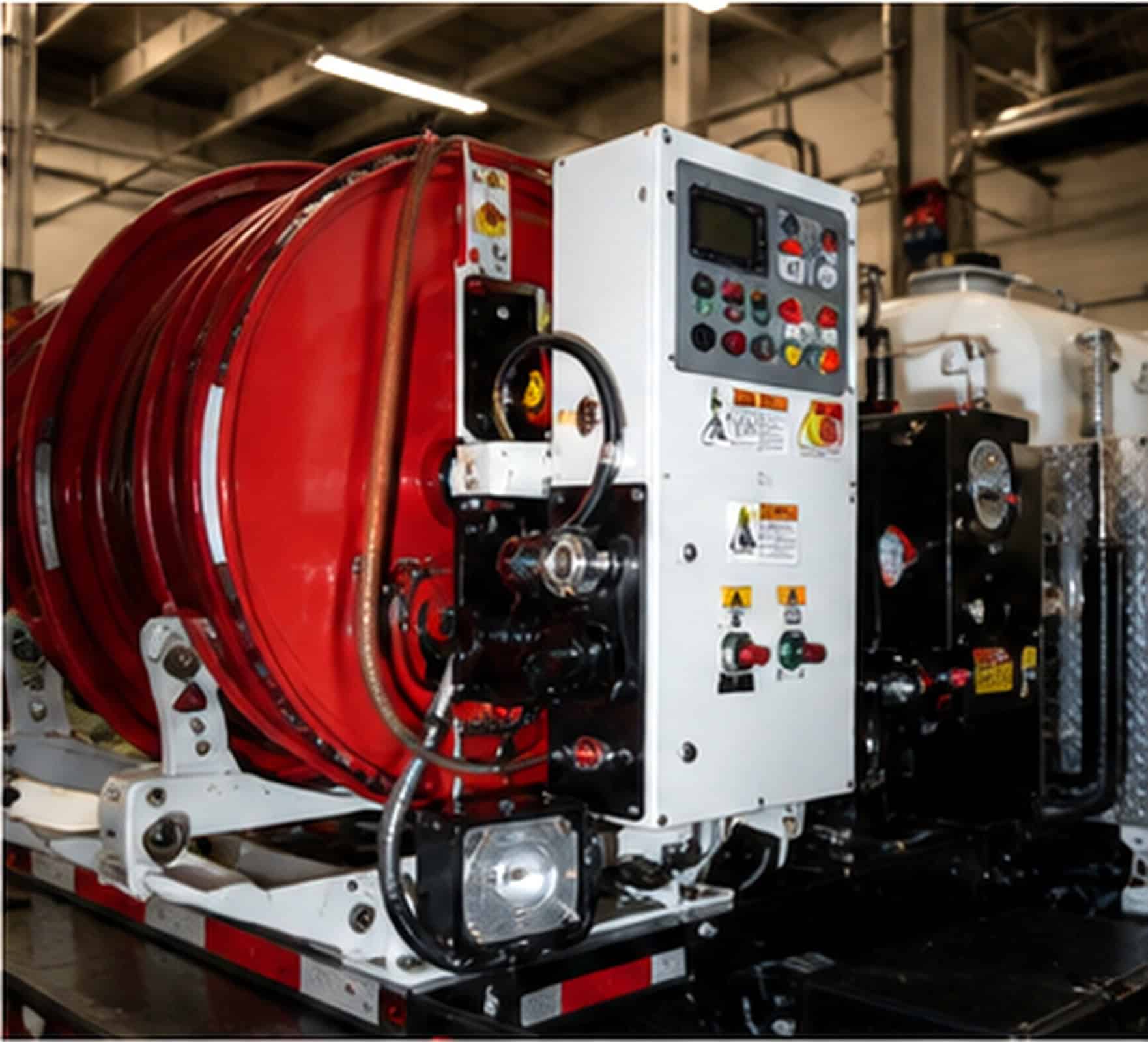 A large industrial hose reel machine with a control panel and gauges stands inside a warehouse setting.