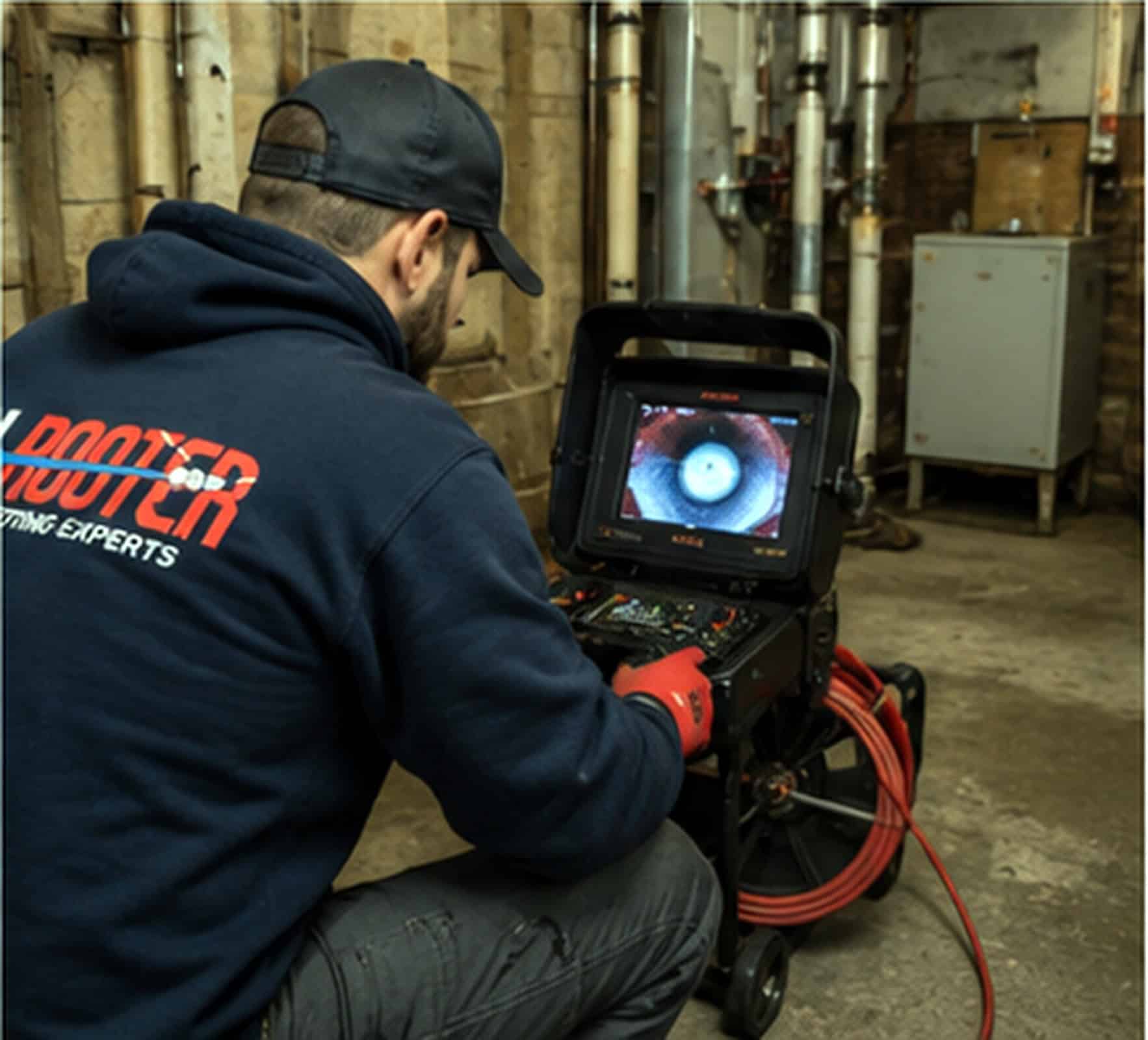 A worker operates a sewer inspection camera, watching the pipe interior on a monitor in an industrial basement.